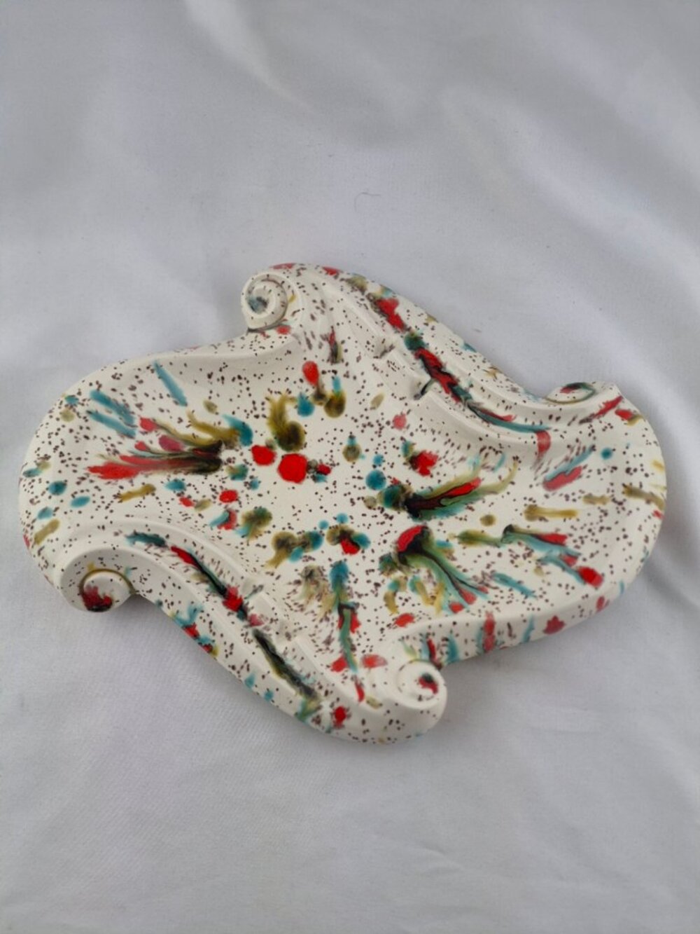Speckled Ceramic Ashtray Drip Glaze Splatter Mid Century Modern Red Turquoise